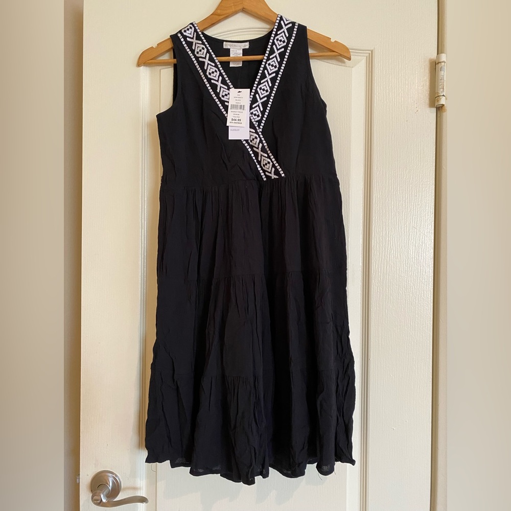 𝅺BOHEMIAN V neck summer Embroidered Cotton Mini Dress Black design story lbt